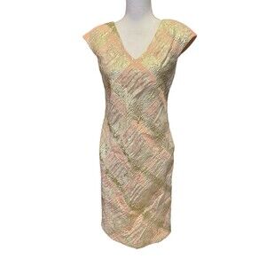 Magid Bernard Sheath Dress Peach Tweed Gold Metallic V-neck Cap Sleeve S/M a24